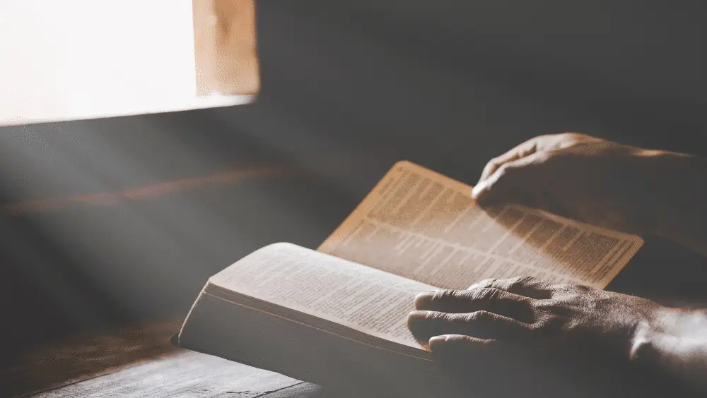 Rankos laiko atverstą Bibliją languotoje šviesoje